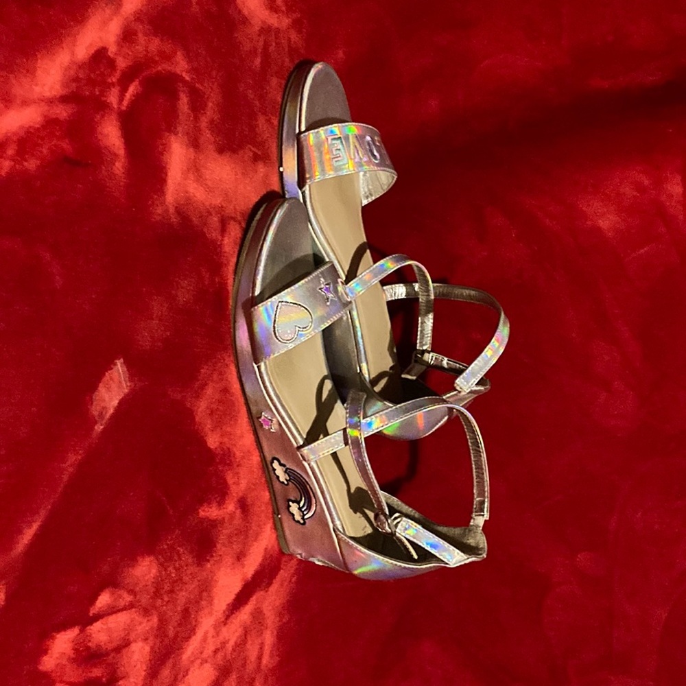 Silver galaxy, looking shoes that have wedges and unicorns